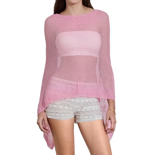 Women Sheer Poncho Top Mesh See Through Knit Cover Up Summer Lightweight Boho Shawl Wrap Shrug Beachwear