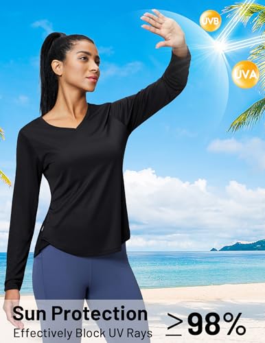 MIER Long Sleeve Workout Tops for Women UPF 50+ SPF UV Protection Sun Shirts Dry Fit Athletic Running Gym Tshirt, V-Neck2