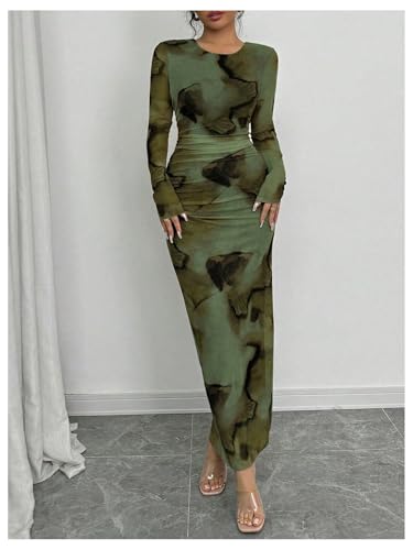 Milumia Women's Tie Dye Long Sleeve Bodycon Maxi Dress Crewneck Mesh Long Dresses4