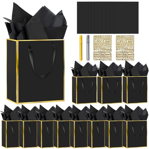 Epoesch 12 Pack DIY Metallic Paper Gift Bags With Handles Tissue Paper And Painting Pens 9X7X3 5 Senses Gift Bags For Birthdays Weddings Baby Showers Fathers Day Holidays (Black Gold)