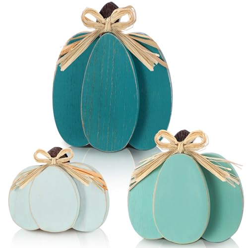Ferraycle 3 Pcs Fall Pumpkin Decor Fall Wooden Signs 3D Pumpkin Tabletop Decor Farmhouse Sign Rustic Tiered Tray Decorations Block Centerpieces Standing Sign for Home Kitchen Harvest(Blue Color)