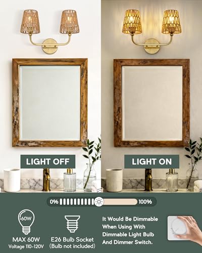 Image of 2-Light Bathroom Light Fixtures, Brushed Gold Rattan Vanity Lights, Double Wall Sconce with Flared Handwoven Shade, Boho Sconces Wall Lighting for Hallway Bedroom Stairway, VL837-BG-RA-2