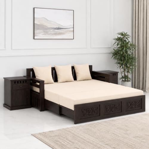 Image of SONA ART & CRAFTS Maharaja Sheesham Wood 3 Seater Sofa Cum Bed with Bedside | Wooden 3 Seater Sofa for Living Room Wooden Furniture Sofa Bed for Home (Walnut Finish)