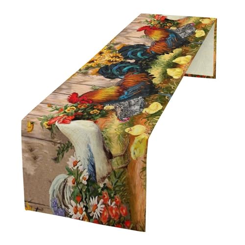 XBDDZSW Rooster Table Runner Farm Watercolor Painting Sunflower and Chicken Pattern Printed Linen Table Runner for Home Kitchen Dining Table Decoration,13x108 Inch