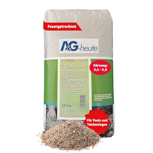 A&G-heute Min2C Pool Filtersand 25kg | Körnung 0,4-0,8 Poolfilter Teichfilter Pumpe Aquarium | Quarzsand für Sandfilteranlagen | Feuergetrocknet Natur | Hochwertig für kristallklares Poolwasser