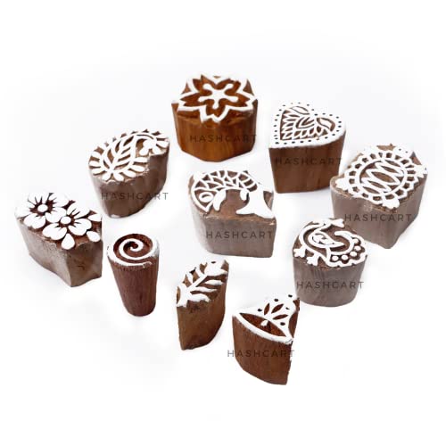Image of Hashcart | Set of 10 | Wooden Multi Design & Floral Shapes baren for Block Printing | Wooden Stamps for Project Making | Fabric Textile Designing | Scrapbooking | Clay | Pottery Craft