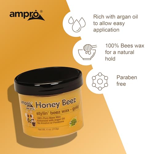 AmPro Pro Styl Beez Wax - Softens Your Hair and Provides Strong Hold - Infused with Argan Oil to Smooth and Condition Tresses - Creates Sleek Looks When Locking, Curling, and Braiding - Gold - 4 oz