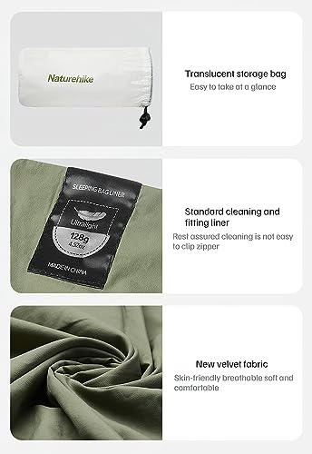 Naturehike Sleeping Bag Liner Ultra-Light 4.51oz - Adult Sleep Sack & Travel Sleep Sack Travel Sheets & Camping Sheet for Backpacking, Hotel, Hostels, Comfy & Easy Care, Full-Length (Hiking Green)