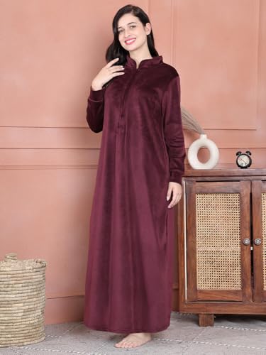 Image of Secret Wish Burgundy Solid Velvet Nighty Full Length /Full Sleeves /Side Pocket /Gown /Maxi /Warm /Soft Fabric /Zipper