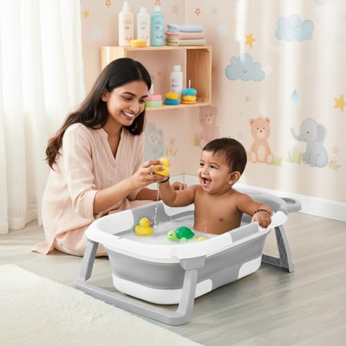 Image of Amazon Brand - Supples Baby Bath Tub for 0-3 Years | Double Foldable Bathtub for Baby & Kids with Soap Tray, Space Saving Design (White & Grey)