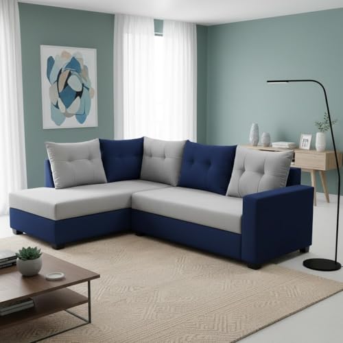 Image of SOCOZI Oriana 4 Seater LHS L Shape Sofa Set | Soft Velvet Suede Fabric | Modern Design | Plush Comfort Cushions for Living Room (Dark Blue-Light Grey)