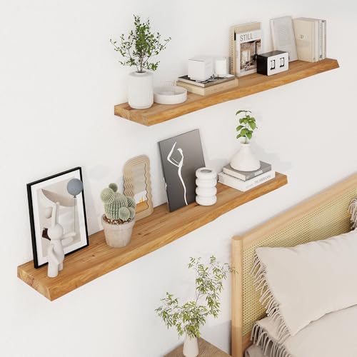Image of Axeman 48 inch Floating Shelves for Wall Live Edge, Natural | 8 inch Deep Wall Shelf, Invisible Bracket, Large Long Shelves, Living Room, Bedroom, Kitchen, Bathroom