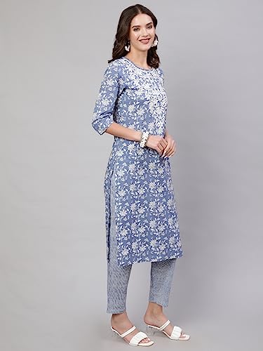Image of Mizaz Women Embroidered Printed Cotton Round Neck 3 /4 Sleeves Straight Kurta Pant And Dupatta Set (MZ1023BLUE P)