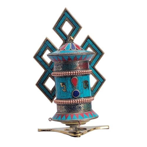 Turquoise Tibetan Prayer Wheel with Endless Knot, Buddhist Meditation Decor,