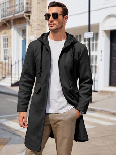 ZIWOCH Mens Trench Coat Wool Blend Hoodie Long Jacket Full Zip Winter Classic Business Overcoat2