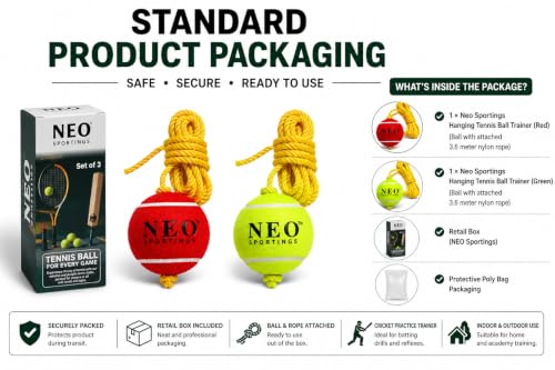 Image of Heavy Tennis Red Hanging Ball, 80-120 Grams, Two Knots, 3.6 metres Nylon Red Rope (Pack of 4)