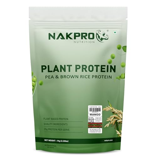 Image of NAKPRO NUTRITION Plant Protein Powder (Pea & Brown Rice Protein), Mango - 1kg | 25.2g Protein| All Essential Amino Acids