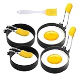 4 Pack Fried Egg Molds Round Stainless Steel Fried Egg Ring with Silicone Handle Perfect for Making Breakfast Sandwiches, Burgers, Pancakes Suitable for Home or Breakfast Carts (3 inch）