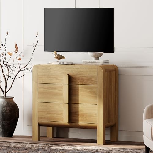 WAMPAT Modern TV Stand Cabinets for 35 Inches TVs, 31.5" W Wood Entertainment Center with 3 Storage Drawers, Dresser TV Stand Media Console Table with Storage for Living Room, Light Walnut