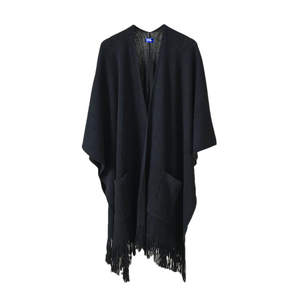Primavera Otoño Suéter de punto sólido Chal Mujeres Bolsillo Borla Capa Poncho Capas Cardigan