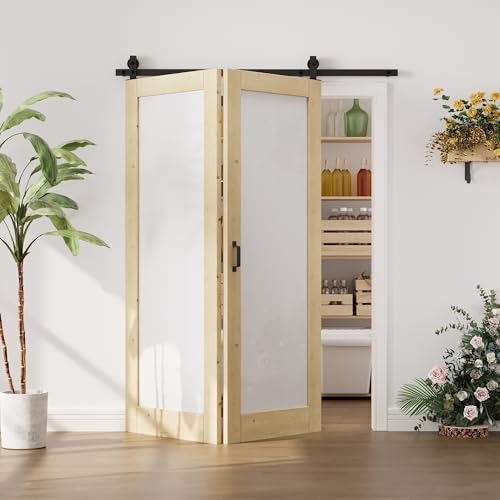 Image of 48 inchx80 inch 1-Lite Frosted Glass Bifold Barn Door with 64 inch Track Kit, Pine Slab