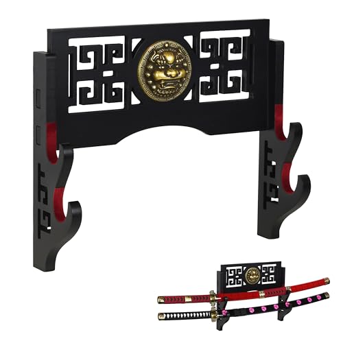 LoGest Wall Mount Sword Holder - 4 Tier Options Available - Crafted Using Wood Katana Holder - Furnished in Black With a Gold Lions Head - Desirable Sword Display Gift Option - Sword Holder Wall (2-Tier)