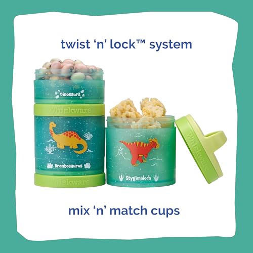 Image of Whiskware Dinosaur Stackable Snack Containers for Kids and Toddlers, 3 Stackable Snack Cups for School and Travel, Green /Blue