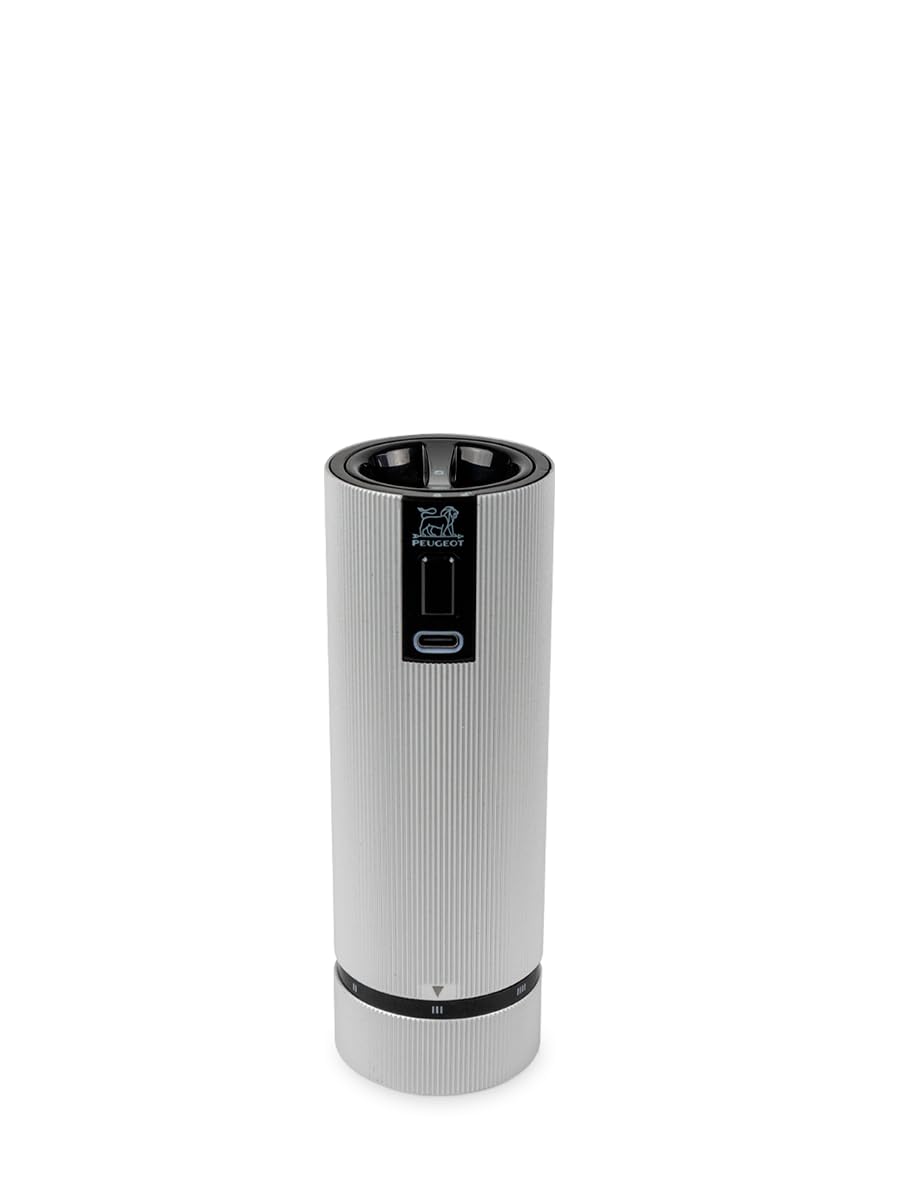 PEUGEOT - Moulin à Sel Électrique Rechargeable Line u'Select 15 cm + Sel Gemme Inclus - 6 Réglages De Moutures Prédéfinies - En Aluminium - Coloris Aluminium