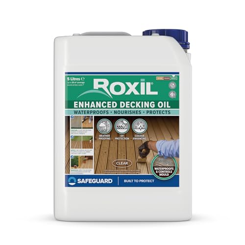 Roxil Schützendes Terrassenöl 5L Klar – Holzschutz für Terrassen im Außenbereich , wetterfestes Holzöl imprägniert, schützt vor Algen und Moos auf Terrassendielen aus Lärche | Douglasie | Teak uvm