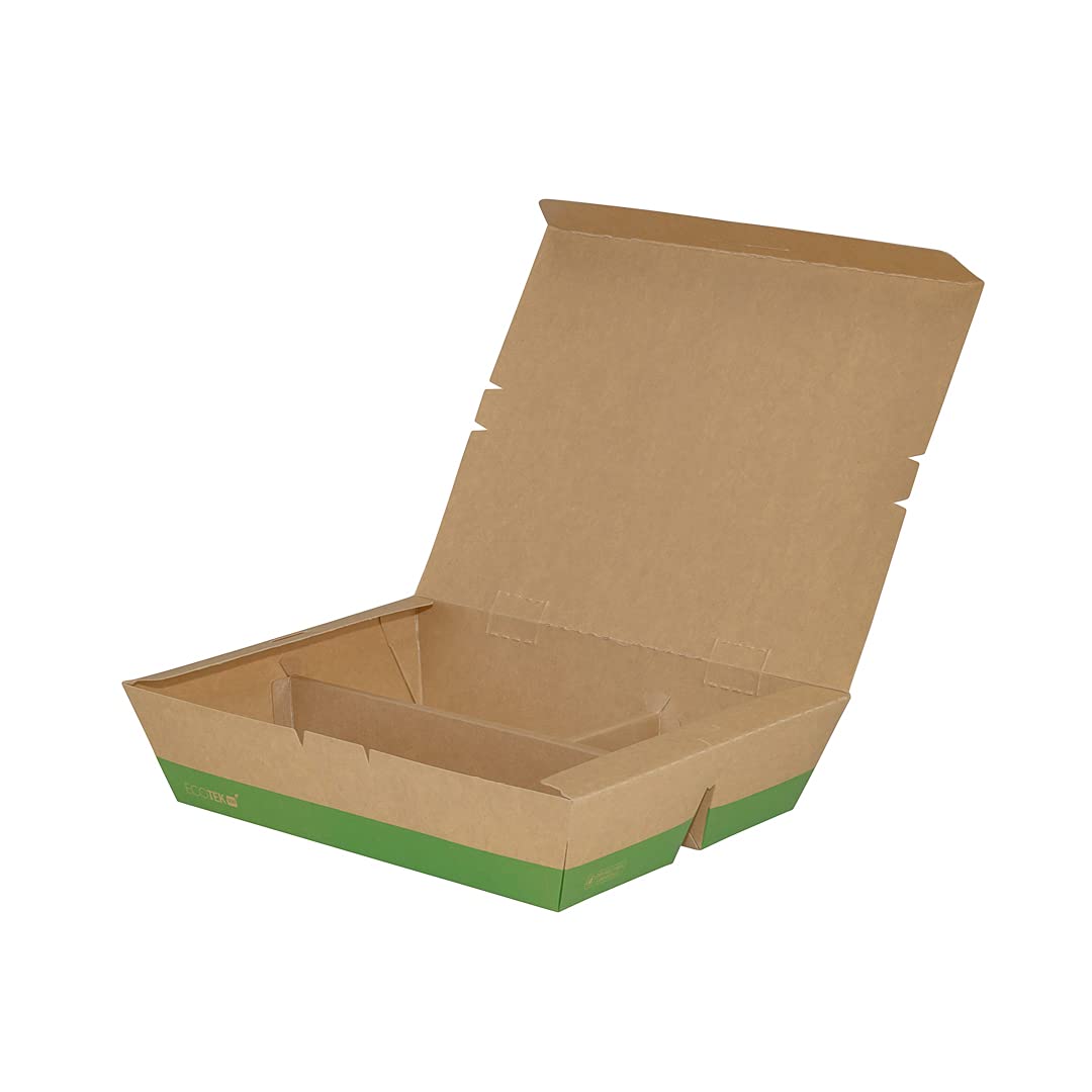 Restaurantware Eco Tek - Cajas para llevar de 50 onzas, 100 cajas Bento compostables, 3 compartimentos, cierre de pestañas, cajas de papel kraft y verde, forro de ácido poliláctico, para restaurantes