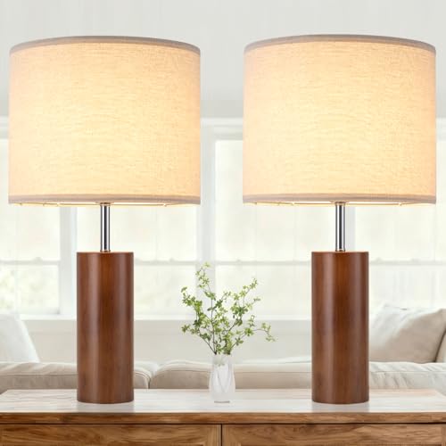 lapupu 23.5 Wood Table Lamps Set of 2 for Living Room, Vintage Farmhouse Bedside Lamps for Bedroom, Large Round Desk Lamps for End Table Nightstand, Walnut Wood