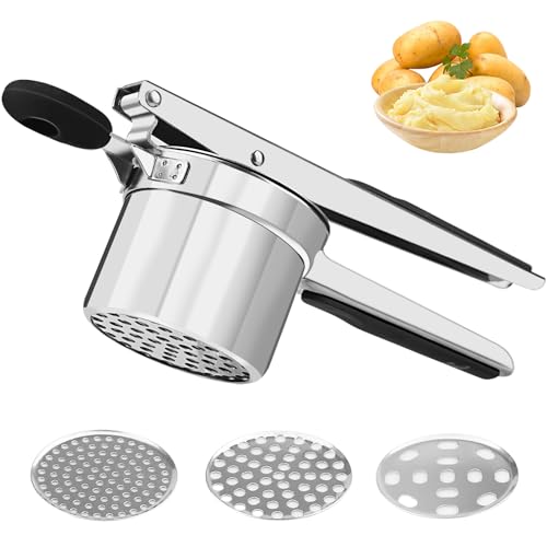 Prensa de patatas, Aplastador de patatas de acero inoxidable que viene con 3 discos y mangos de silicona antideslizantes, adecuada para puré de patatas, fideos, jugo y helado