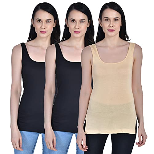 Image of Women's Regular Fit Sleeveless Cotton Long Camisole Slip Spaghetti Combo Pack of 3