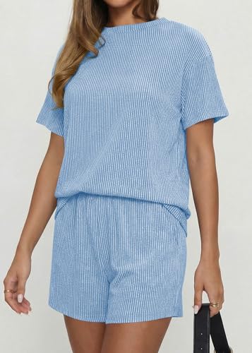 KIRUNDO Two Piece Sets for Women Dressy Casual Ribbed Knit Short Sleeve Top Matching Shorts Lounge Set 2026 Summer Outfits(Light Blue, Small) — view 6