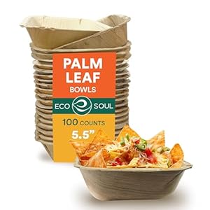 ECO SOUL 100% Compostable, Biodegradable, Disposable Palm Leaf Bowls, Like Bamboo Bowls, Eco-friendly | Sturdy, Microwave & Oven Safe (100, Medium 5.5″ (16 Oz) | Square)