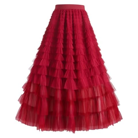 MS.ING Women's Tulle Skirt Fairy Elastic Waist Layered A-Line Midi Ruffle Mesh Skirt (One Size,Cake Wine Red (H 37.4inch)) Cover