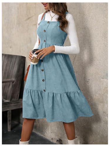 Image of WDIRARA Women's Button Front Sleeveless Ruffle Hem Pinafore Dress Corduroy Jumper Dress