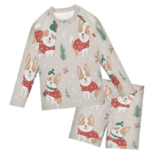 Corgi Dog Pine Branches Boys Swimsuit Rash Guard Toddler Kids Long Sleeve Swim Shirt and Trunks Swimwear Set 3-10Y