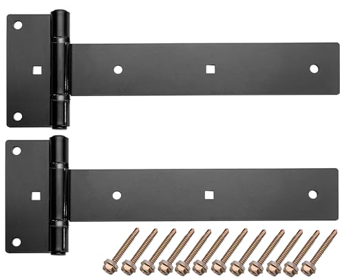 T-Strap Gate Hinges 12 in, Heavy Duty Tee Hinge, T-Door Hinges, 180° Opening Gate Strap Hinges, Black Wrought Hardware for Wooden Fences, Yard,Barn Door, Shed Doors,2 Pcs(Patent Pending)