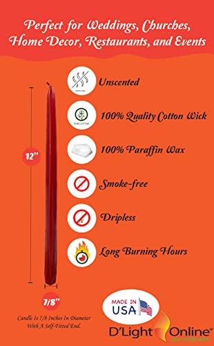 D'light Online Elegant Unscented Pomegranate Red Taper Premium Quality Candles Hand-Dipped, Dripless And Smokeless - Set Of 12 Individually Wrapped (12 Inch, Pomegranate) #TOP1