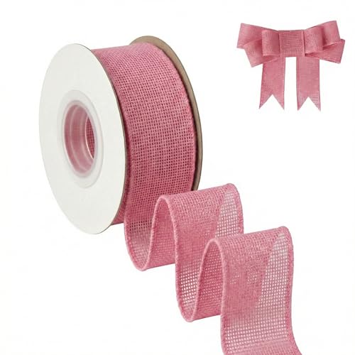 AFLZSP Pink Burlap Wired Ribbon Solid Ribbon with Wire Edge for Big Bow Wreath Outdoor Decoration Tree Decoration Gift Wrapping 1 1/2 Inch x 5 Yards/Roll.