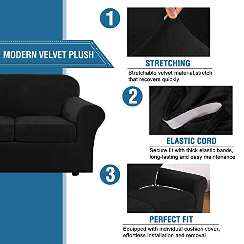H.versailtex Modern Velvet Plush 4 Piece High Stretch Sofa Slipcover Sofa Cover Furniture Protector Form Fit Luxury Thick Velvet Sofa Cover For 3 Cushion Couch, Machine Washable (Sofa,Black) #TOP1