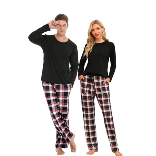 Marvmys Matching Pajamas for Couples Men & Women Long Sleeve Plaid Pjs Loungewear Pjs Set with Pockets S-3XL Women X-Large Black