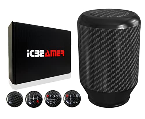 ICBEAMER Black Aluminum w/Carbon Fiber 2.5" Shift Knob, Tall Fit Automatic and 4, 5 and 6 Speed Manual Transmission Vehicles, Interior Car Gear Lever Stick Shift Handle Automotive Replacement Parts
