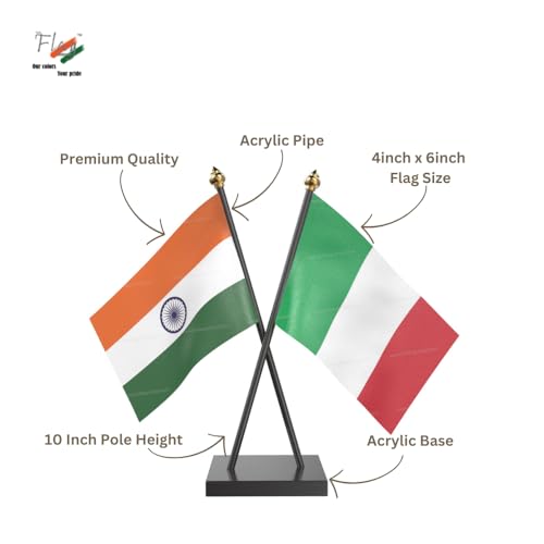 Image of The Flag Company Country Cross Table Desk Flags on Acrylic Base with Poles (Length: 10 inches) | Use for Home & Office,Conference (Italy)