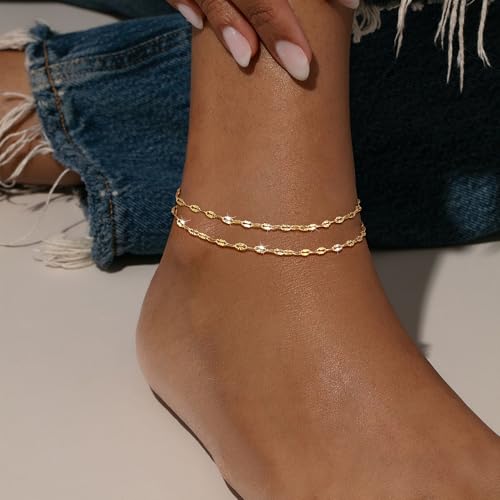 Image of Robaice Ankle Bracelets for Women, Glitter Waterproof Adjustable Anklet for Women, 14K Gold Plated /Sterling Silver Layered Anklets, Summer Beach Anklet Jewelry for Women Gift