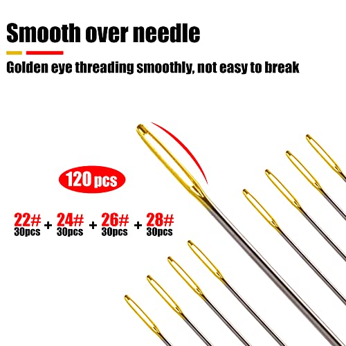 Image of 120pcs Cross Stitch Needles +2 Needle Threader Golden Color Large Eyes Cross Stitch DIY Embroidery Hand Needles Sewing Needles in Transparent Box Size 22# 24# 26# 28#