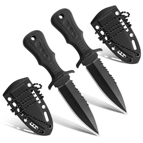 2Pcs Neck Knife Kette 121mm Outdoor Ketten Messer Edelstahl mit Gezackt mit Kunststoffscheide und Kugelkette für den Einsatz im Freien Selbstverteidigung