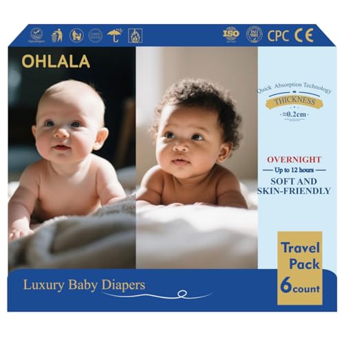 Image of OHLALA Luxury Diapers Size 1 Travel Pack 6 Count 8-14 lbs Hypoallergenic Skin-Friendly & Leakproof Fragrance-Free Ultra-Thin