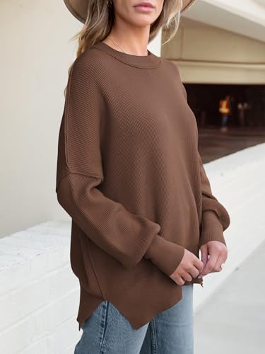 Image of ANRABESS Women Oversized Sweaters Batwing Long Sleeve 2026 Fall Outfits Crewneck Casual Knit Side Slit Fashion Pullover Top